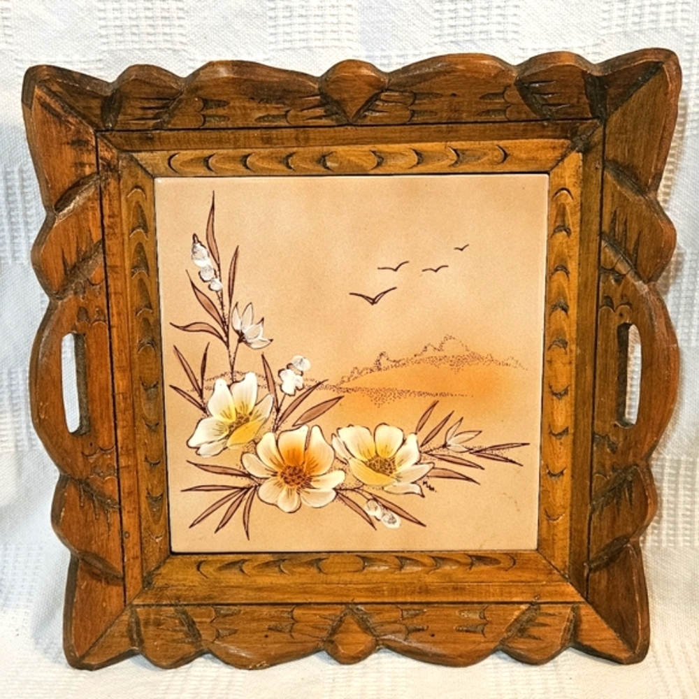 Wood Ceramic Tile Bowl Square Carved Fruit Centerpiece w/ Handles Circa 80's